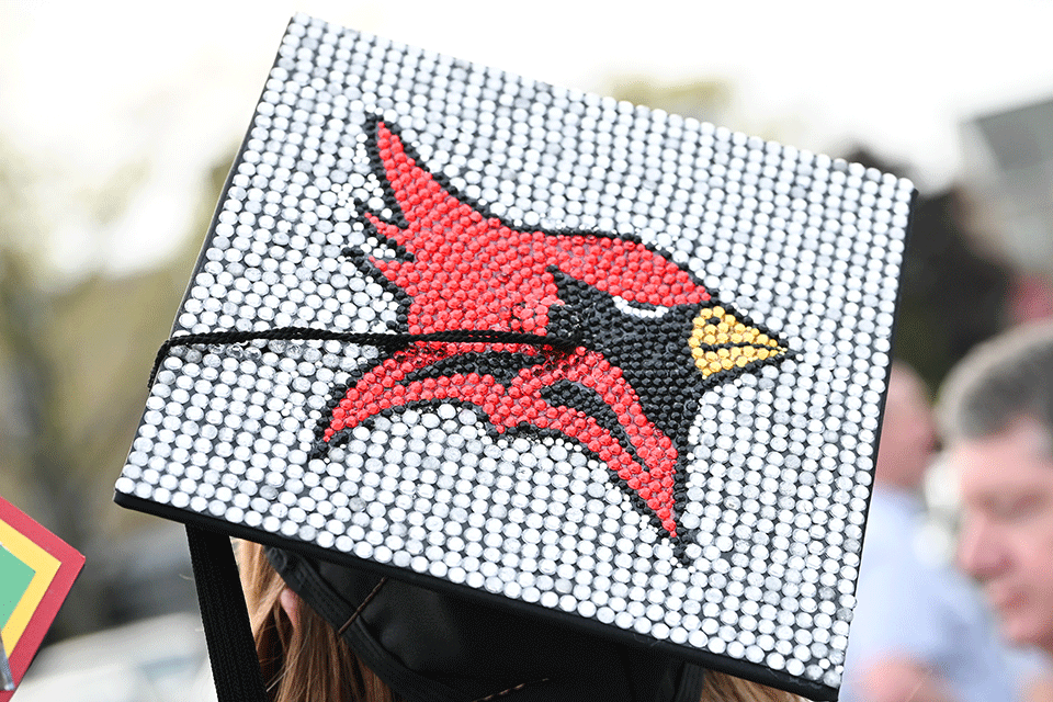 A graduation cap is decorated with the Cardinal.